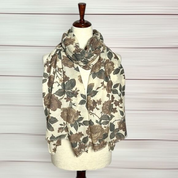 Echo Oblong Scarf Shawl Floral Ivory Taupe Viscose Blend Lightweight 78x27” - Picture 6 of 9